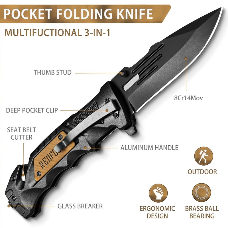 NedFoss Pocket Folding Knife DA75 Mini, 3 in 1 Pocket Knife for Men, 2.95 Inch Survival Knife with Liner-Lock Belt Clip, Seat Belt Cutter, Glass Breaker, Hunting knife for Camping Hiking - Image 2